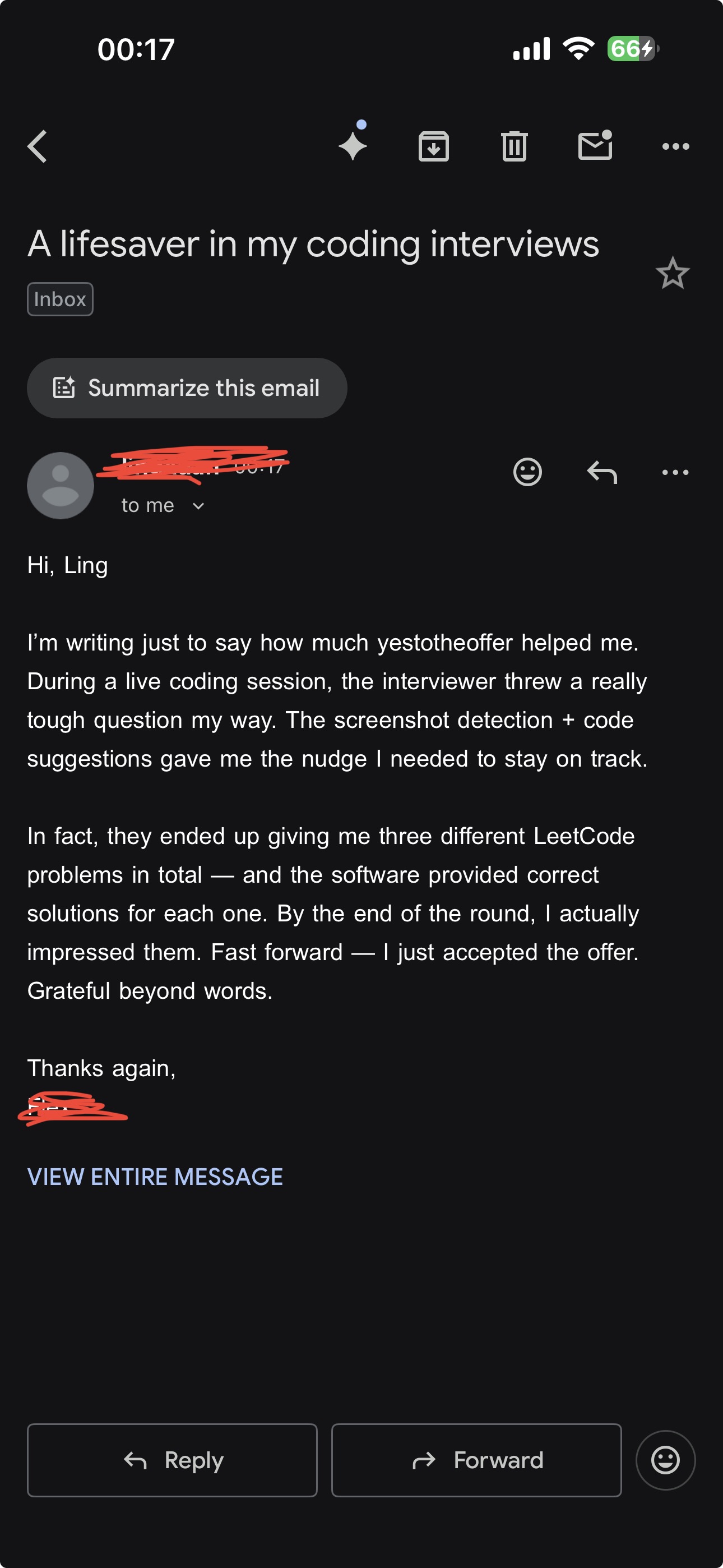 Screenshot for anonymous user's testimonial