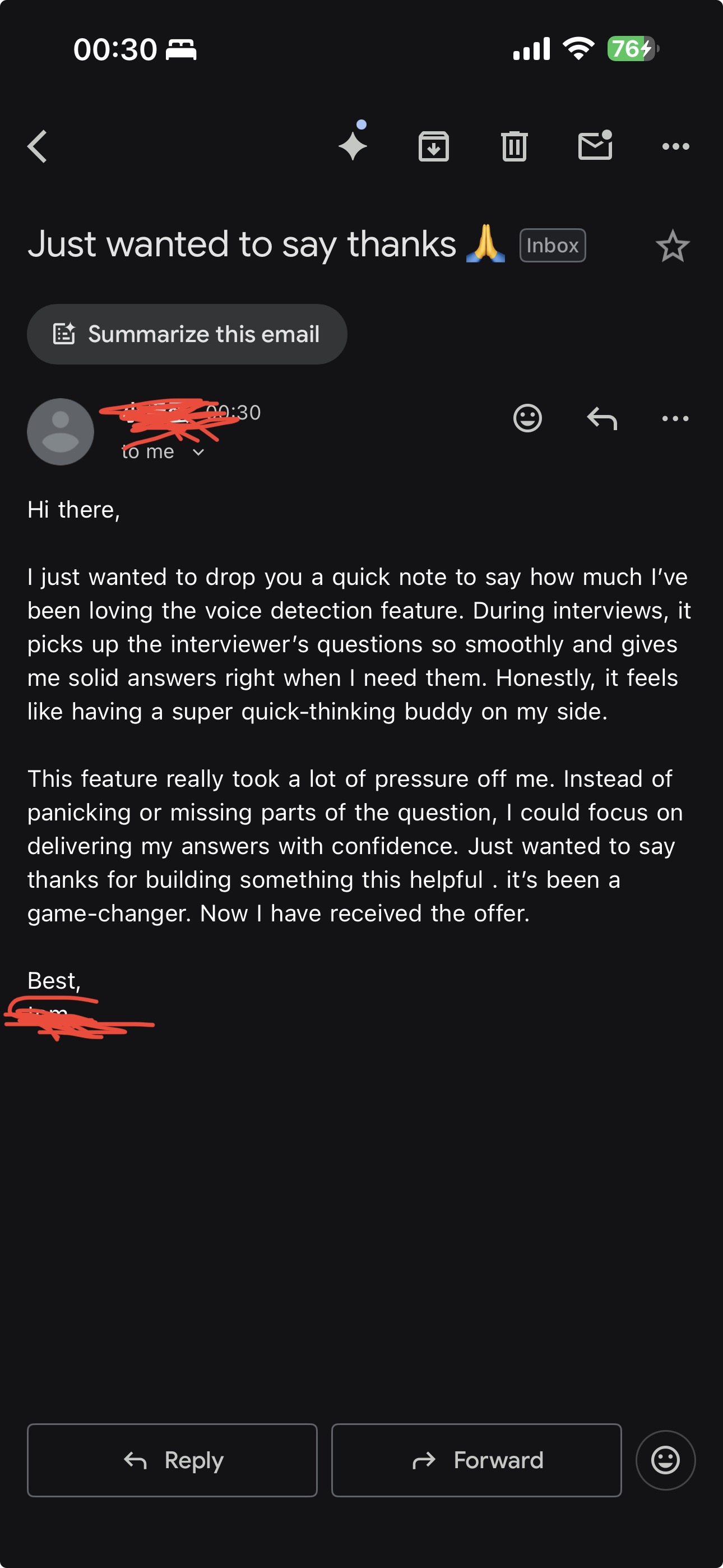 Screenshot for anonymous user's testimonial